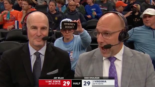 A North Carolina fan trolls Duke during the ACC tournament final between UNC and NC State.